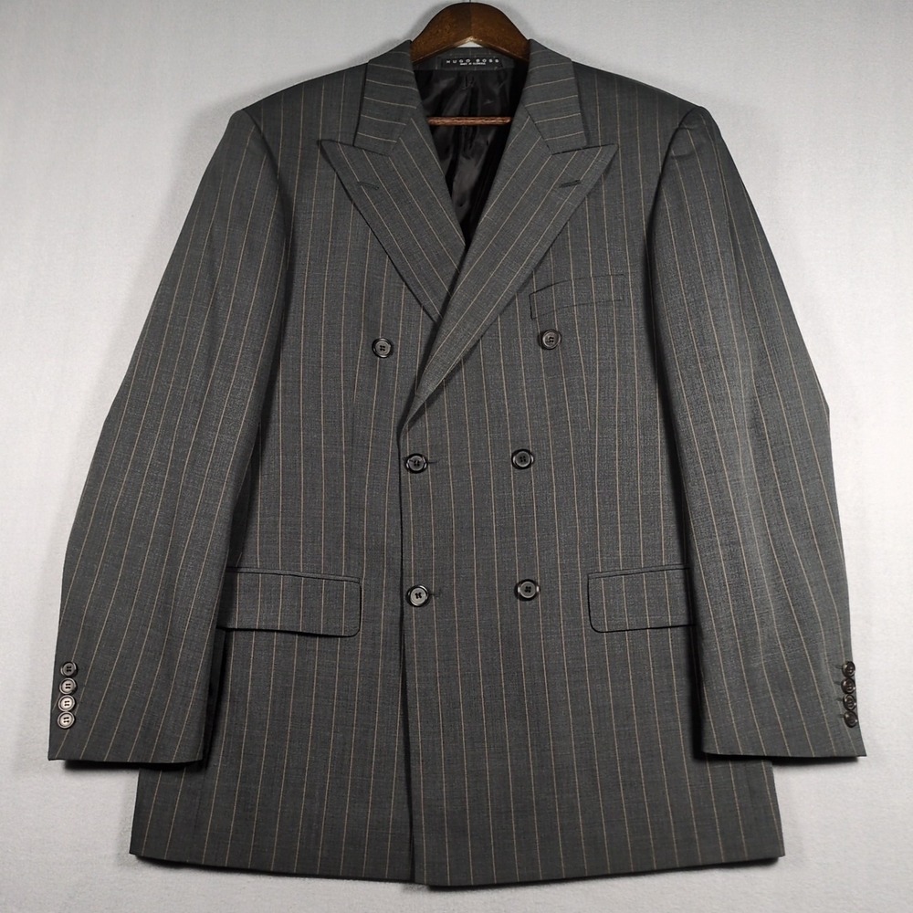 HUGO BOSS Botticelli Lucca 42 Double Breasted Blazer Wool Cashmere Grey Pinstrip